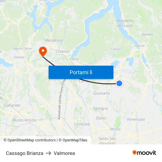 Cassago Brianza to Valmorea map