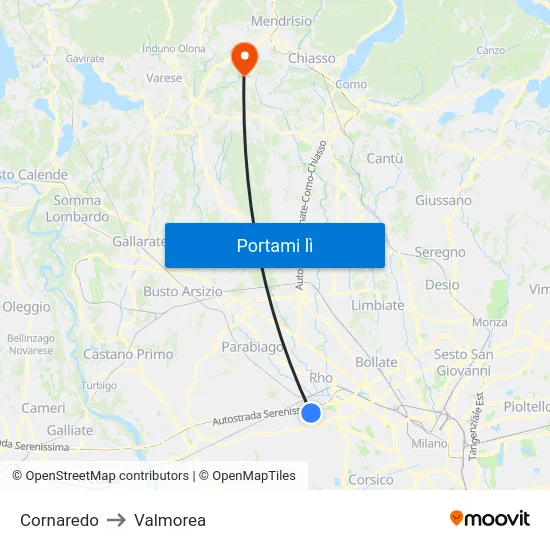 Cornaredo to Valmorea map