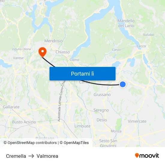 Cremella to Valmorea map