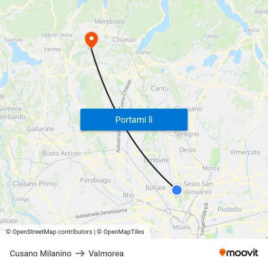 Cusano Milanino to Valmorea map