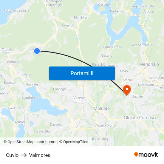 Cuvio to Valmorea map