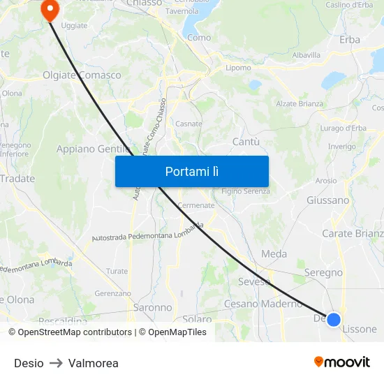 Desio to Valmorea map