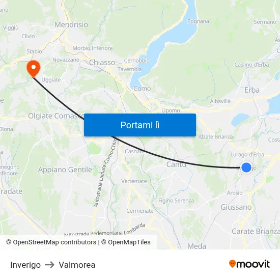 Inverigo to Valmorea map