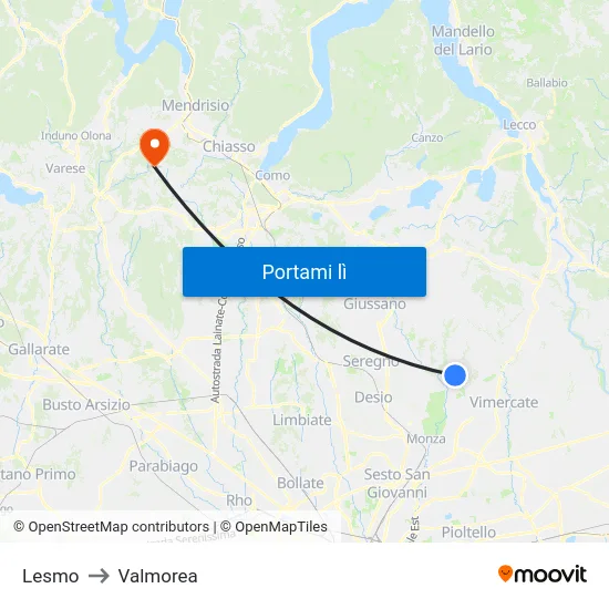 Lesmo to Valmorea map