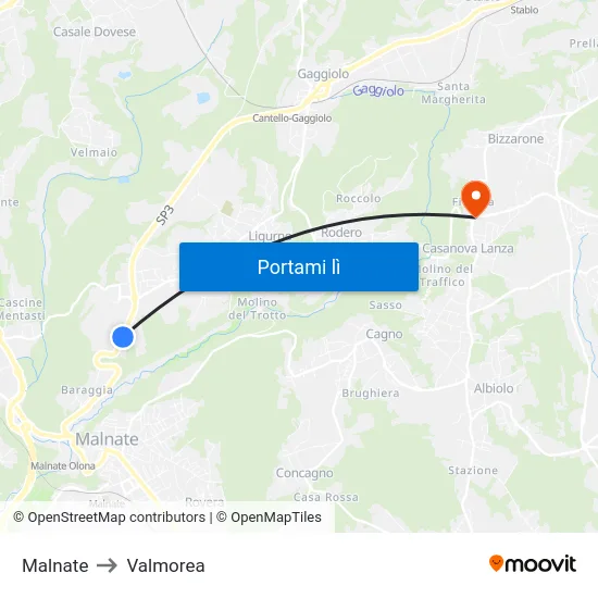 Malnate to Valmorea map