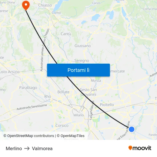 Merlino to Valmorea map