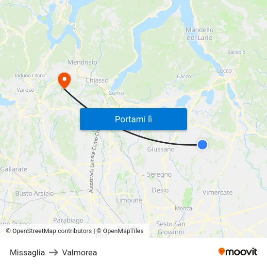 Missaglia to Valmorea map