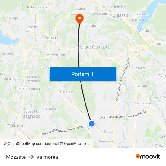 Mozzate to Valmorea map