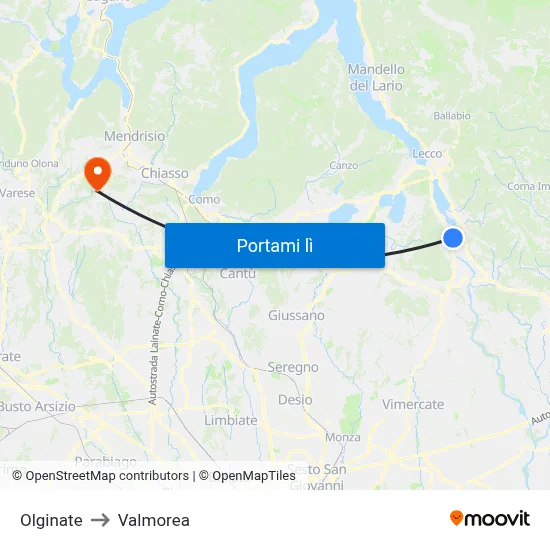 Olginate to Valmorea map