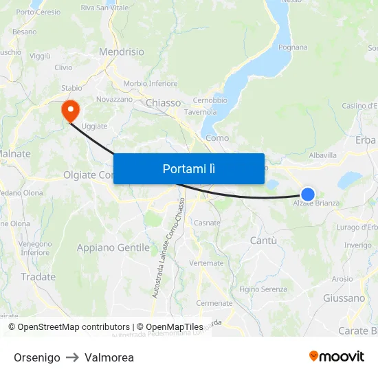 Orsenigo to Valmorea map