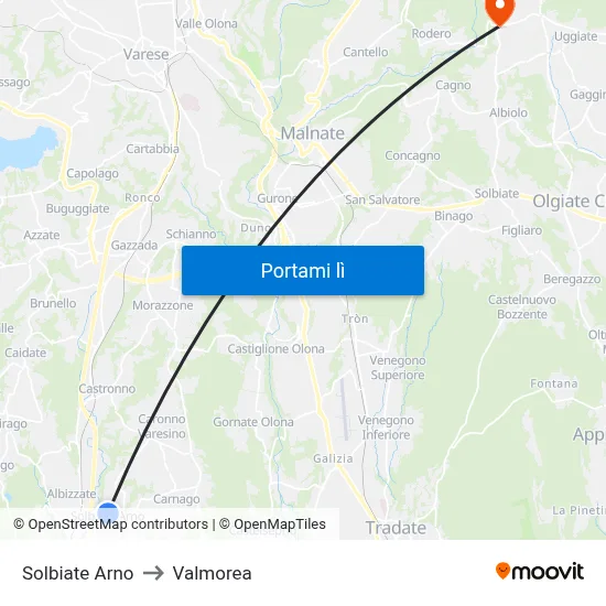 Solbiate Arno to Valmorea map