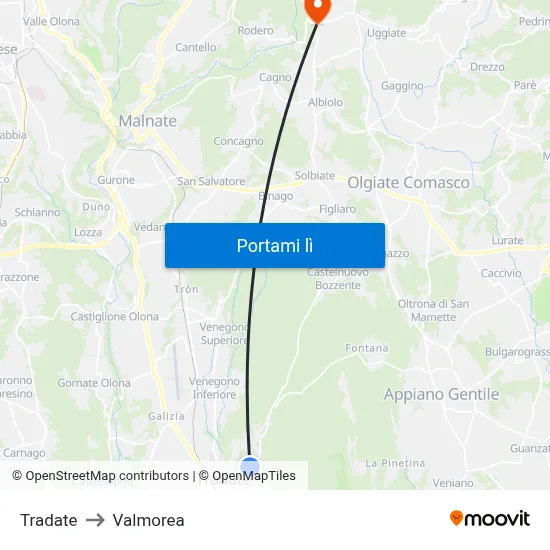 Tradate to Valmorea map