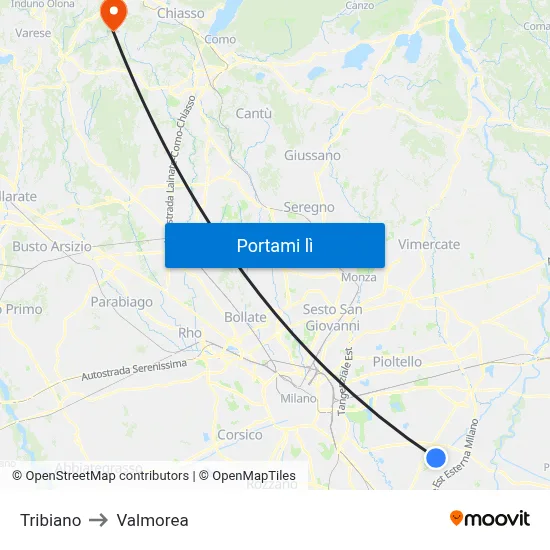 Tribiano to Valmorea map
