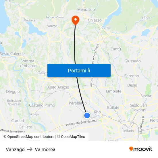 Vanzago to Valmorea map