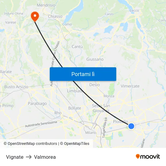 Vignate to Valmorea map