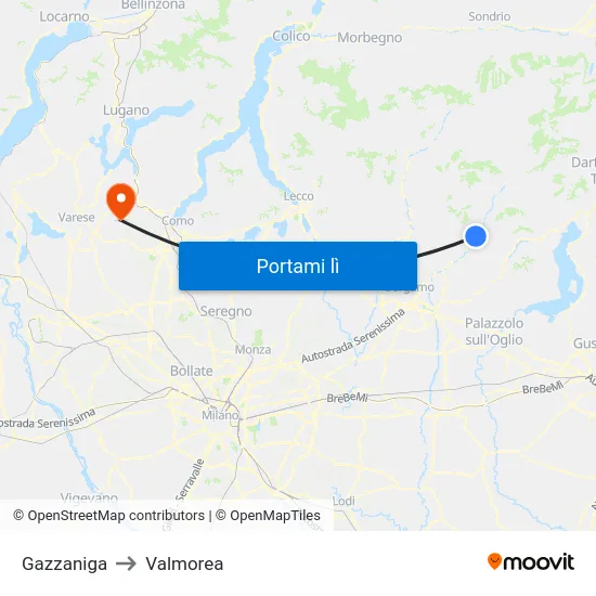 Gazzaniga to Valmorea map