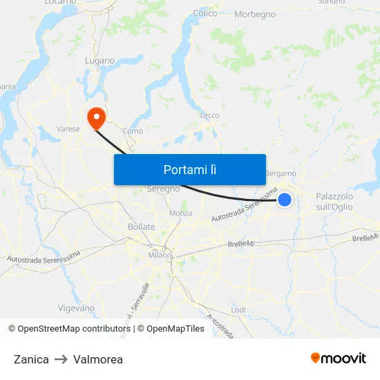 Zanica to Valmorea map