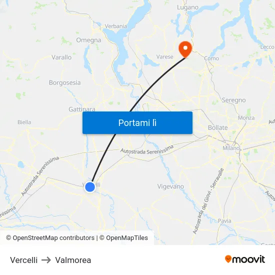 Vercelli to Valmorea map