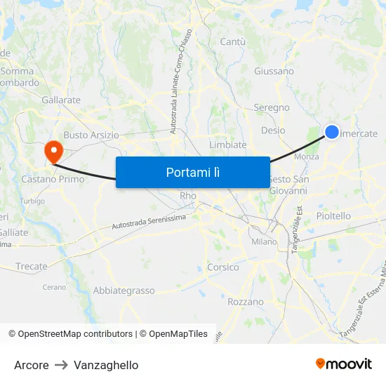 Arcore to Vanzaghello map