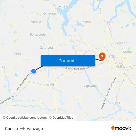 Carisio to Vanzago map