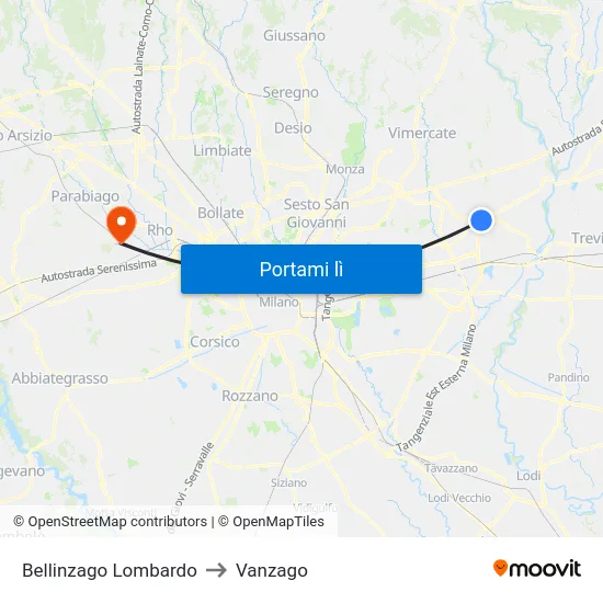 Bellinzago Lombardo to Vanzago map