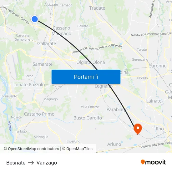 Besnate to Vanzago map