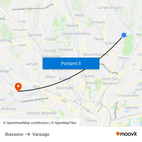 Biassono to Vanzago map