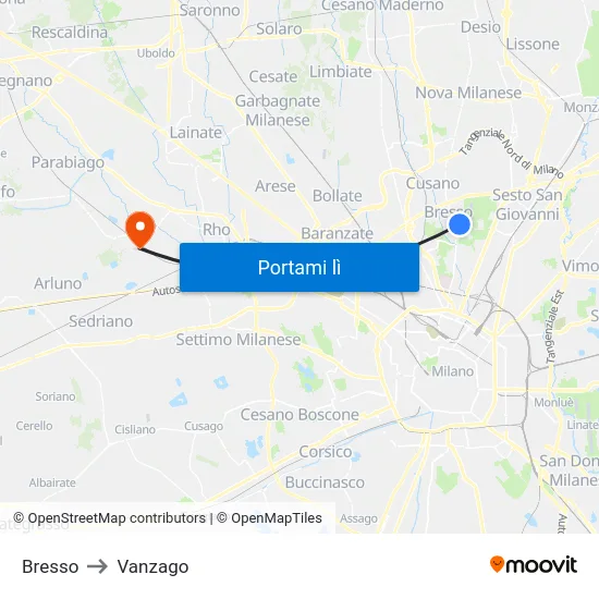 Bresso to Vanzago map