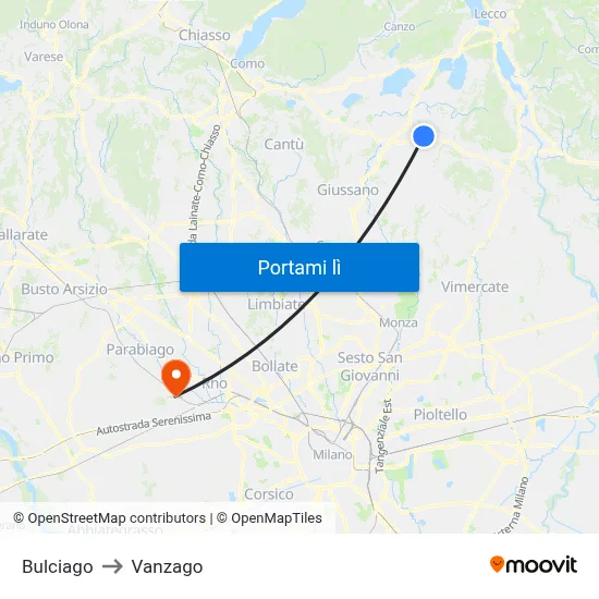 Bulciago to Vanzago map