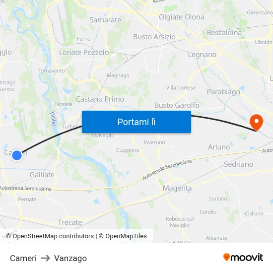 Cameri to Vanzago map