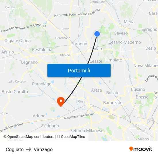 Cogliate to Vanzago map