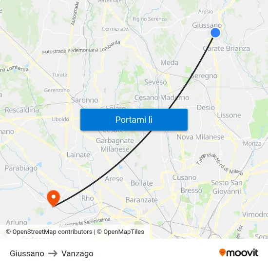 Giussano to Vanzago map