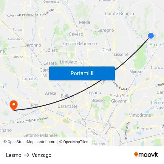 Lesmo to Vanzago map