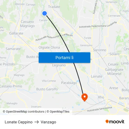 Lonate Ceppino to Vanzago map