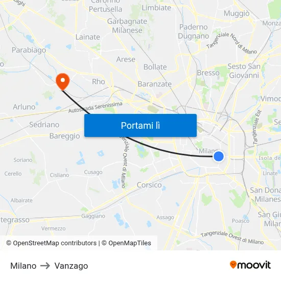 Milano to Vanzago map