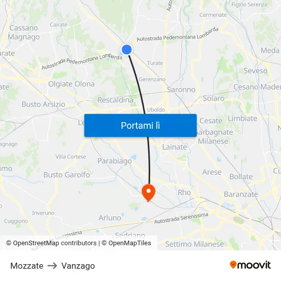 Mozzate to Vanzago map