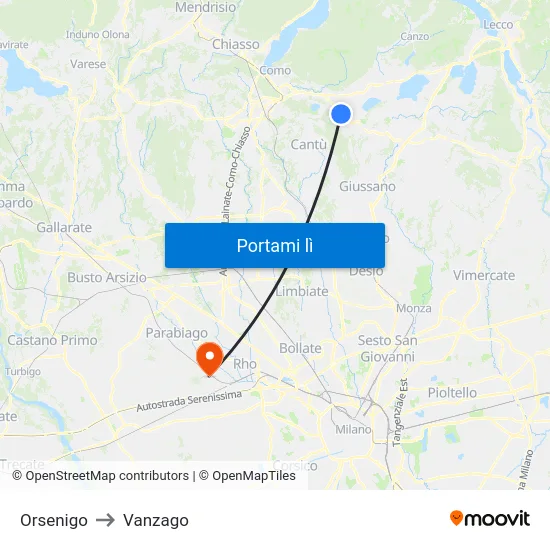 Orsenigo to Vanzago map