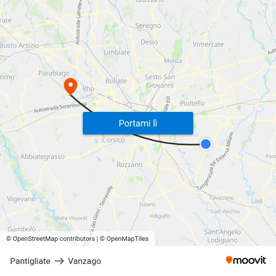 Pantigliate to Vanzago map