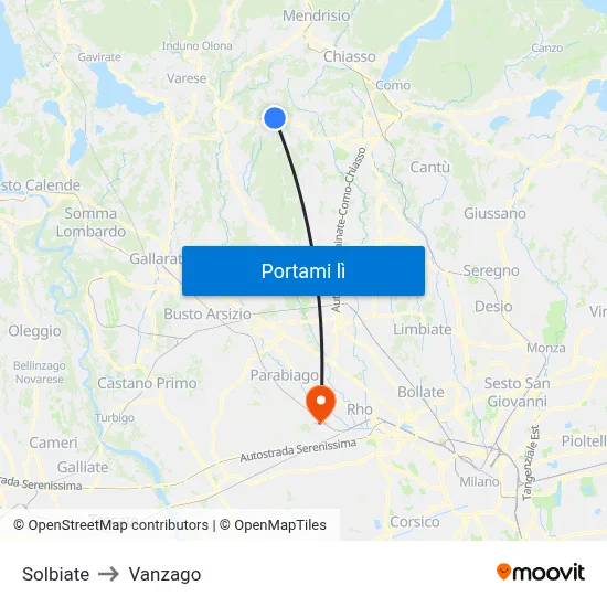 Solbiate to Vanzago map