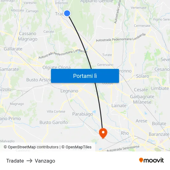 Tradate to Vanzago map