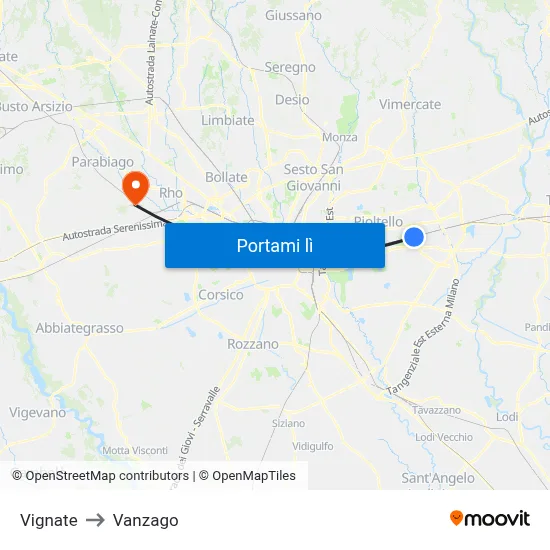Vignate to Vanzago map