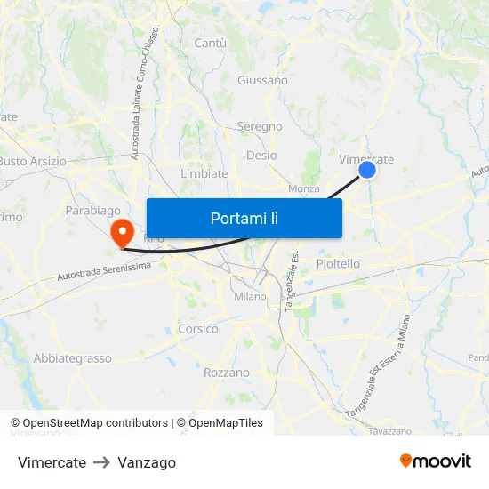 Vimercate to Vanzago map