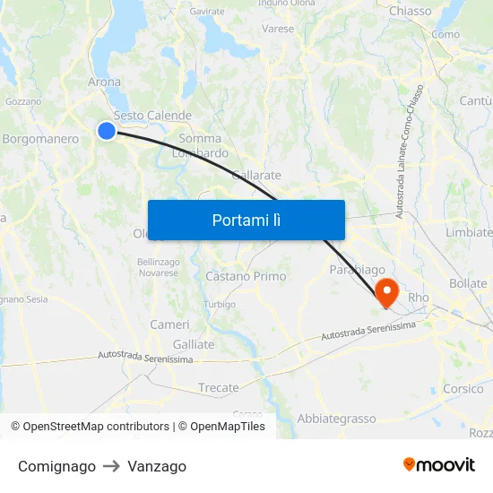 Comignago to Vanzago map