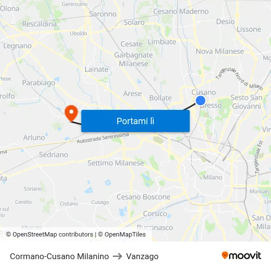 Cormano-Cusano Milanino to Vanzago map