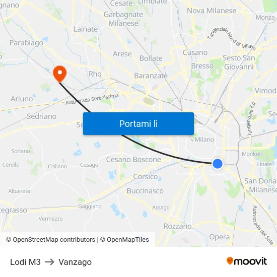 Lodi M3 to Vanzago map