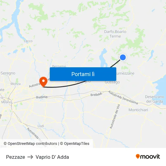 Pezzaze to Vaprio D' Adda map