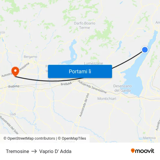 Tremosine to Vaprio D' Adda map