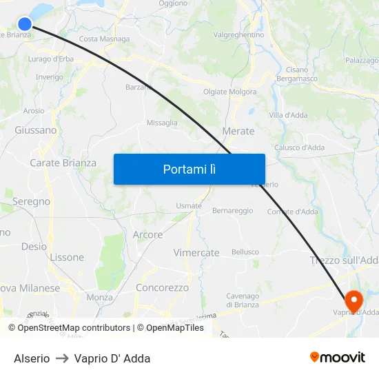 Alserio to Vaprio D' Adda map