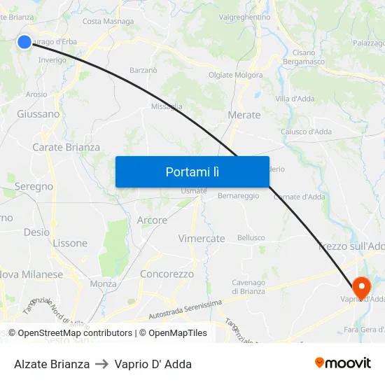 Alzate Brianza to Vaprio D' Adda map