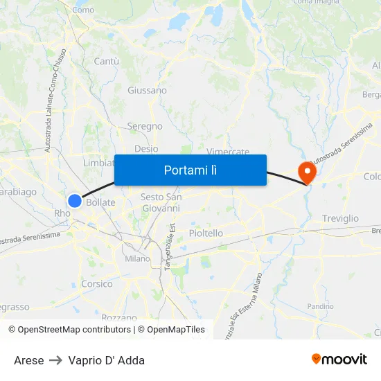 Arese to Vaprio D' Adda map